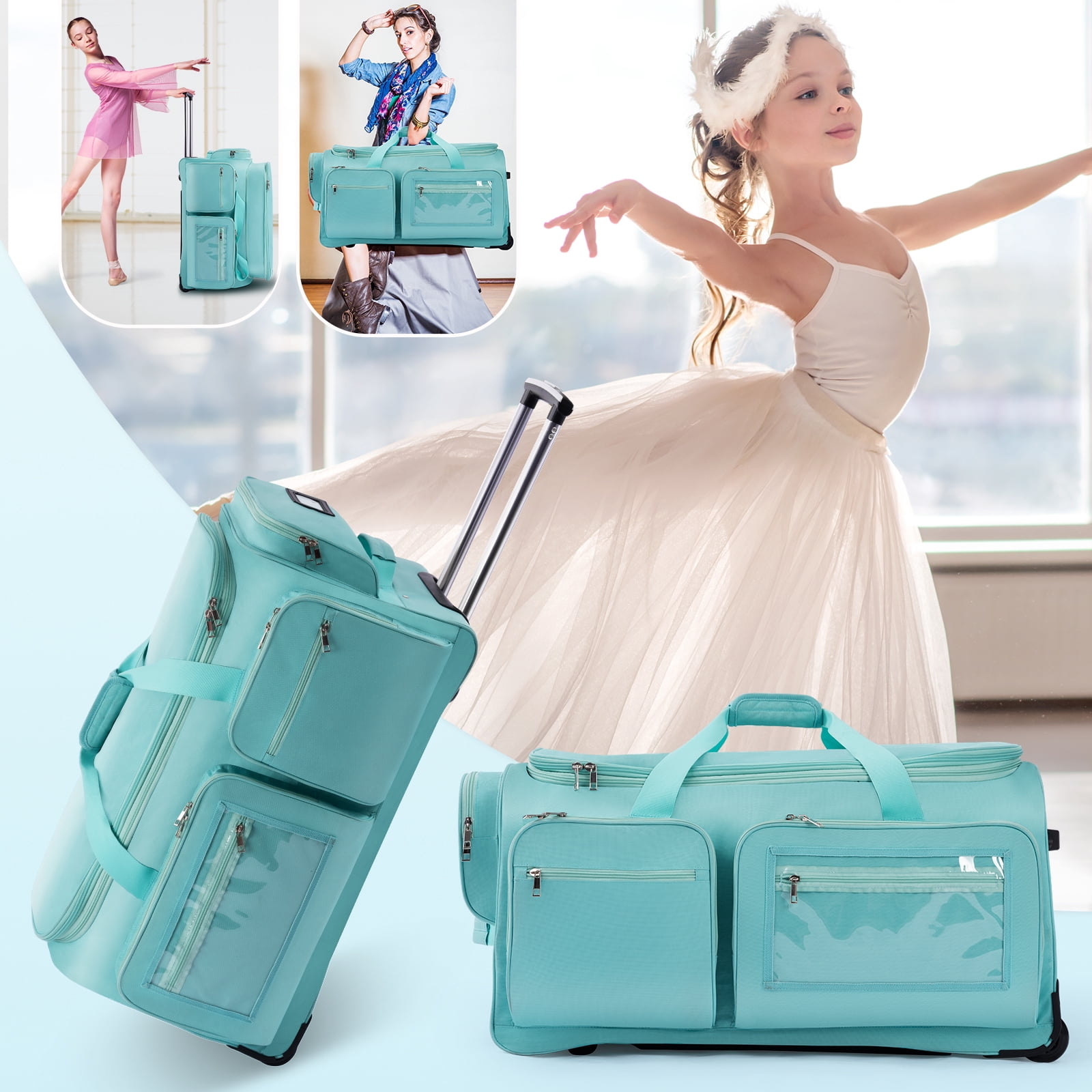 Dance Bag with Garment Rack,28" Teal Dance Bag with Rack Dance Costumes Rolling Garment Bags For Travel, Garment Duffle Bag For Dance Competition Travel Bag with Garment Rack Cyan