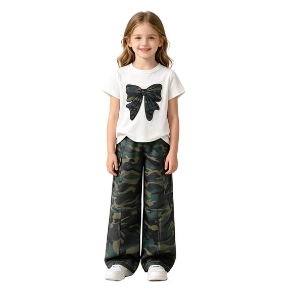 Playtopia Big‑Kids 2‑Piece Summer Outfit Camo‑Bow Printed Short‑Sleeve Tee And Camo Wide‑Leg Cargo Pants Set Size 3Y‑7Y