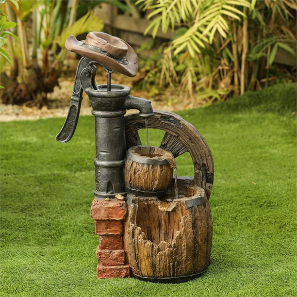 Luxen Home Cement Water Wheel And Pump, Garden Water Wheel Fountain