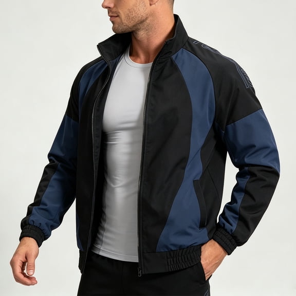 LYSMORA Men's Color Block Track Jacket Stand Collar Full Zip Outerwear Side Pocket Athletic Windbreaker Coat