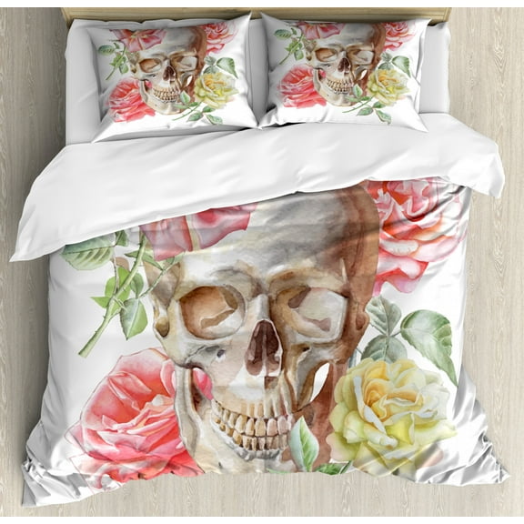 Rose King Size Duvet Cover Set, Tender Blossoms with Hand Drawn Style Watercolor Skull Figure Mexican Festive Gothic, Decorative 3 Piece Bedding Set with 2 Pillow Shams, Multicolor, by Ambesonne