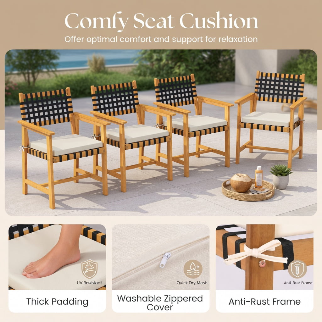 Hommoo 2-Piece Outdoor Dining Chairs Set, Acacia Wood with Woven Rope Back, Curved Ergonomic Design, Detachable Polyester Cushions & Armrests, White