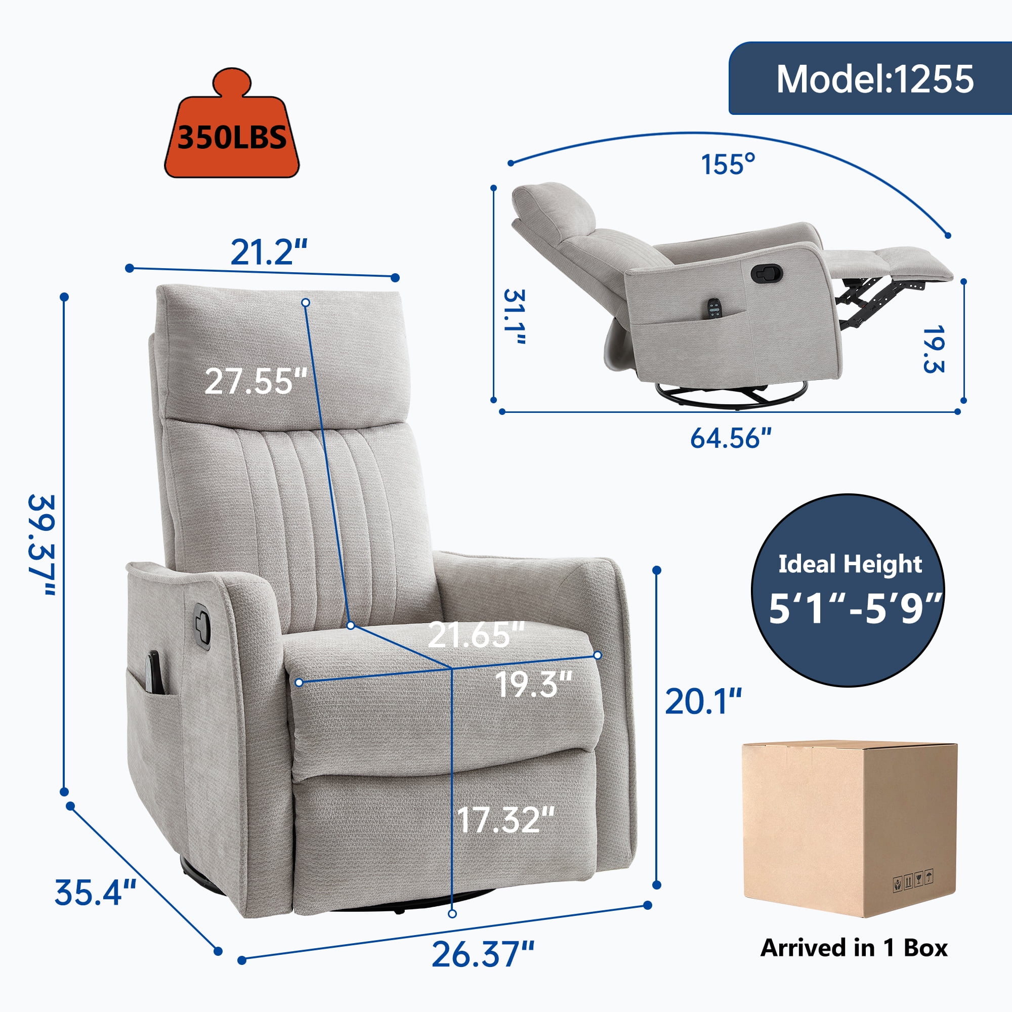 Leumius Manual Swivel Rocker Recliner Chair for Adults,Overstuffed Reclining Glider Chair with Vibration Massage & Heat,Upholstered Recliners with Side Pockets for Living Room,Light Gray Chenille