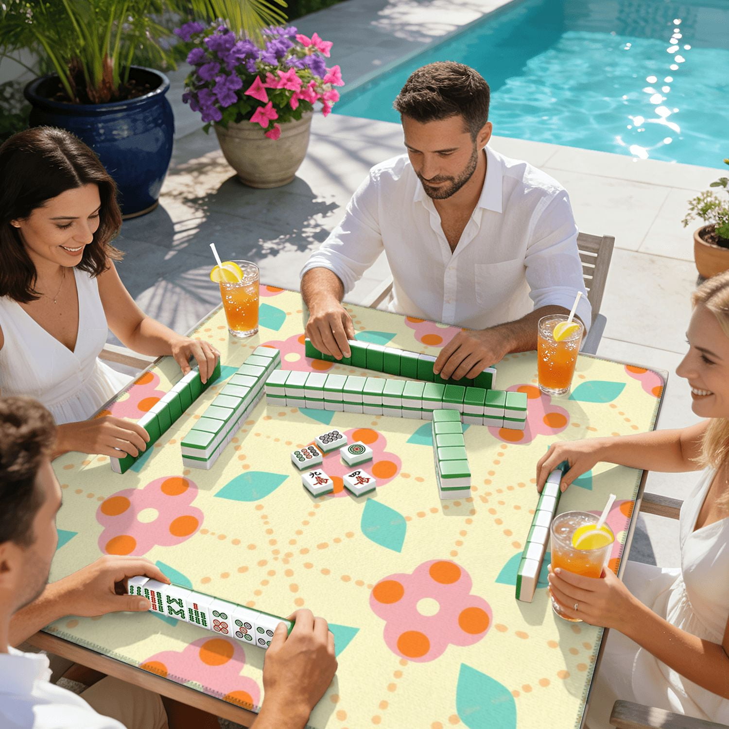 Mahjong Mat 31.5" x 31.5" Floral Pink Flowers Orange Dots Mint Green Leaves Yellow Non-Slip Noise Reduction American Mahjong Tiles Table Cover for Dominoes Poker Card Board Games Gift