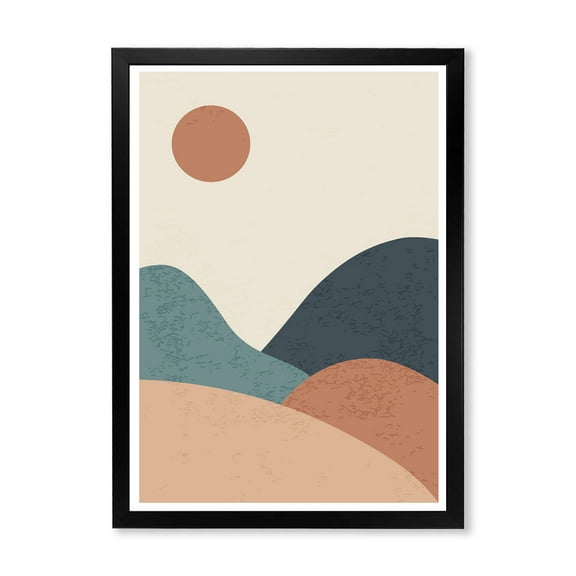 Designart 'Minimalist Vintage Landscape With Lake At Sunset' Modern Framed Art Print