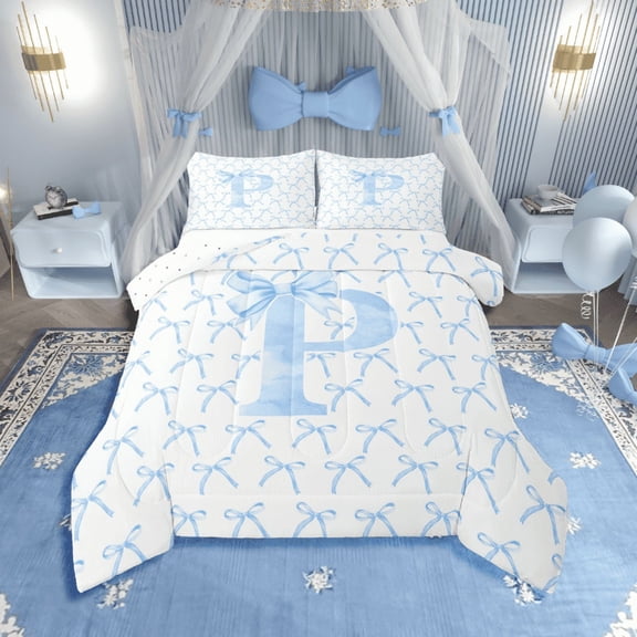 Erosebridal Monogrammed Bow Tie Bedding Twin Comforter Set,Dreamy Princess Down Comforter,Letter Bedroom Decor,Reversible,Lightweight,2-Piece