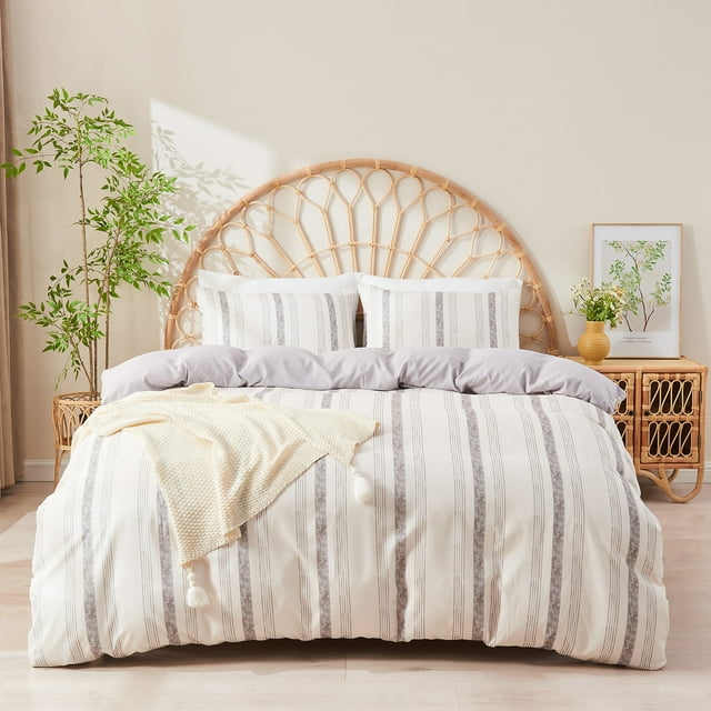 Gogreen Queen Duvet Cover Floral, Soft & Breathable Microfiber 3 Pieces Queen Bedding Sets, Pattern Queen Comfy Duvet Cover, with Zipper Closure (Gray Stripe, Queen)