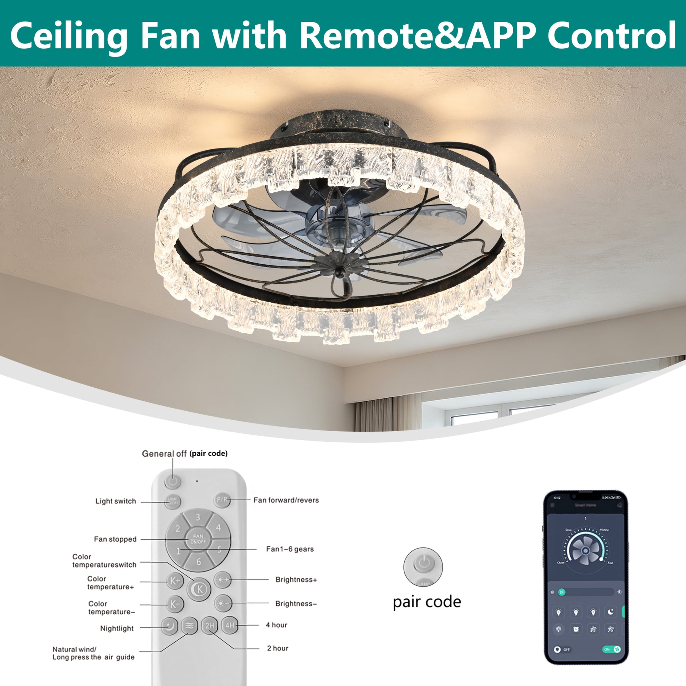 GDF Studio 21" Caged Ceiling Fan with LED Lights & Remote Control, for Kitchen, Bedroom, Living Room, Rustic Black