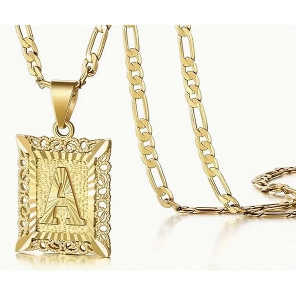 APIPEE 14K Gold Plated Initial Letter Pendant Necklace for Men and Women – Square Capital A–Z Alphabet on Figaro Chain