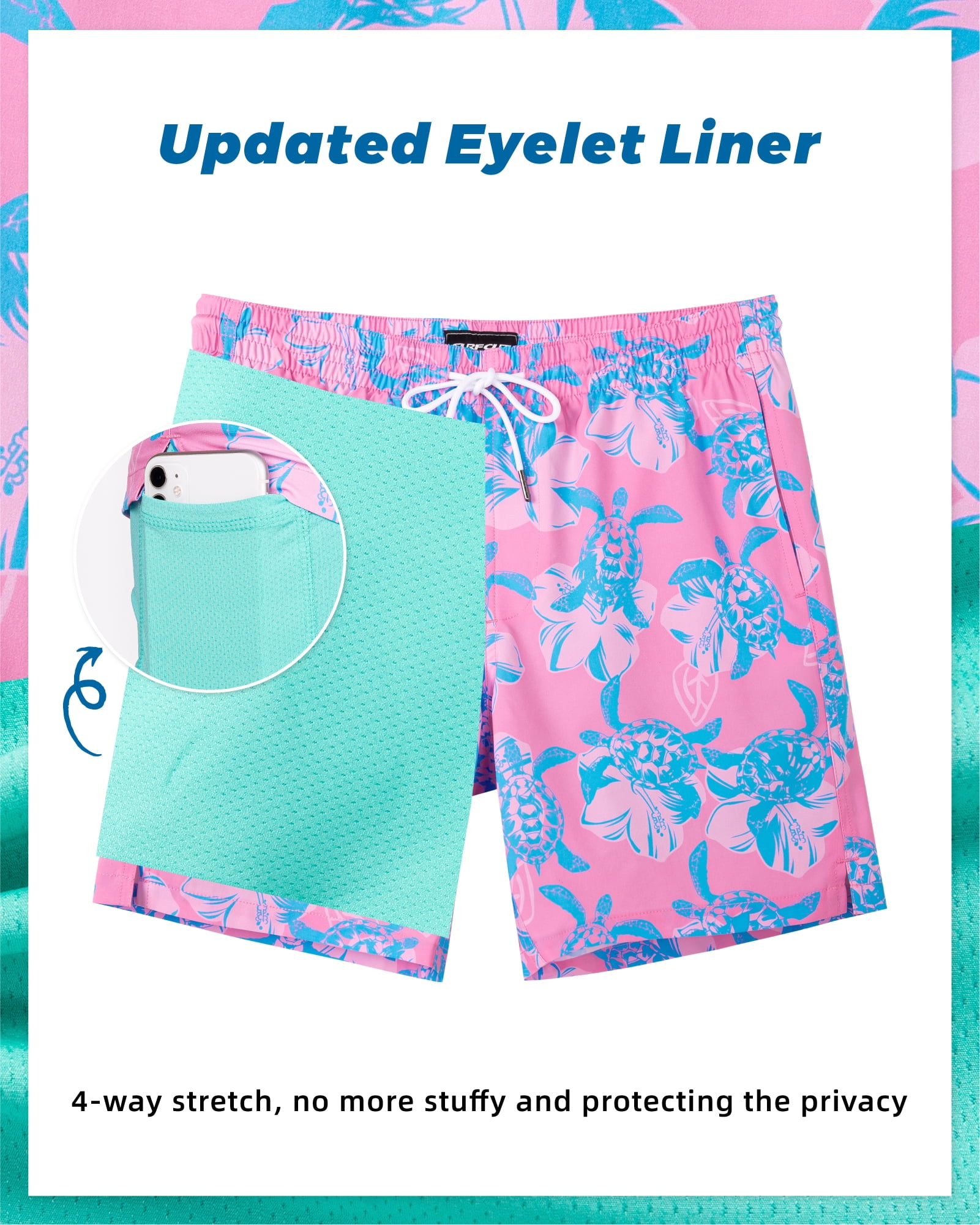 SURF CUZ Mens Swim Trunks with Compression Liner Quick Dry Swim Shorts 7" Swimming Trunks Stretch Bathing Suit Boardshorts Zipper Pockets Pink Blue Turtles Large