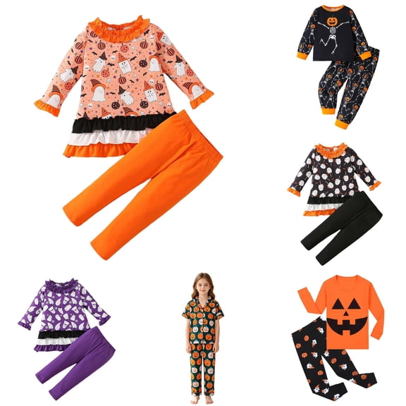 Miaoju Halloween Pajamas for Big Pumpkin Print Long Sleeve Pjs Cotton Tops and Pants Comfortable Home Outfit 2-Piece Sleepwear Pjs for