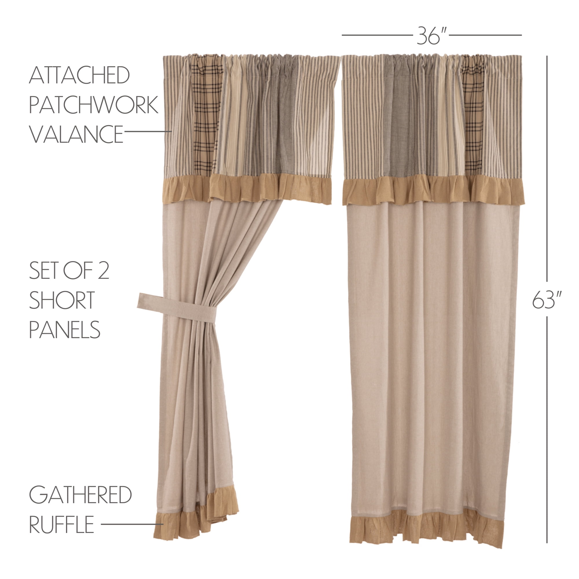 VHC Brands Sawyer Mill Curtain, Panel 63x36, Charcoal Khaki Tan