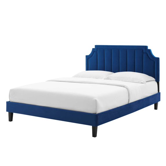 Platform Bed Frame, King Size, Velvet, Blue Navy, Modern Contemporary Urban Design, Bedroom Master Guest Suite