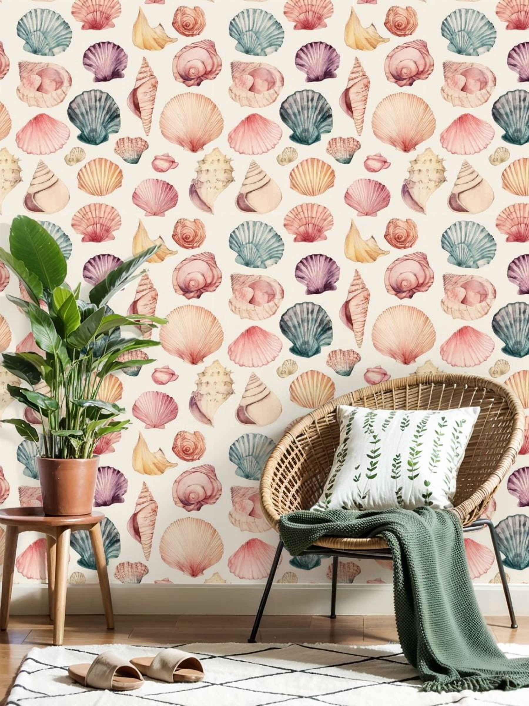 Coastal Peel and Stick Wallpaper Watercolor Seashell Soft Pastel Colors Contact Paper 23.6in x 9.8ft Wallpaper Removable Self Adhesive Wall Paper for Bedroom