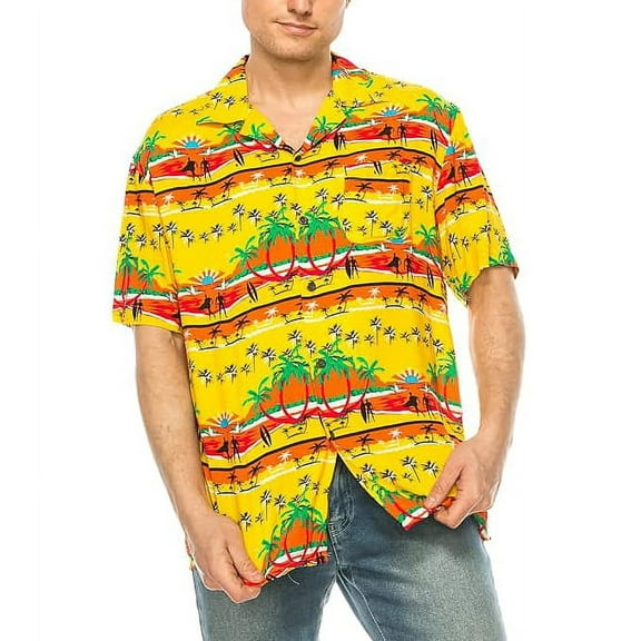 Men's Hawaiian Short Sleeve Shirt (HW08 Yellow, 4XL)