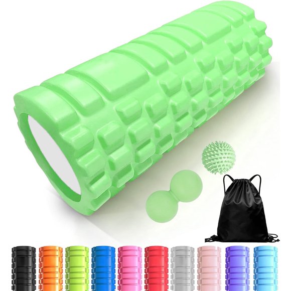 shiyou-Foam Roller 4in1 Set Includes Hollow Core Massage Roller,Peanut Ball,Spiky Ball,Storage Bag,for Deep Tissue Massage, Pain Relief of Back, Legs, Exercise( 4 in 1) (Green)