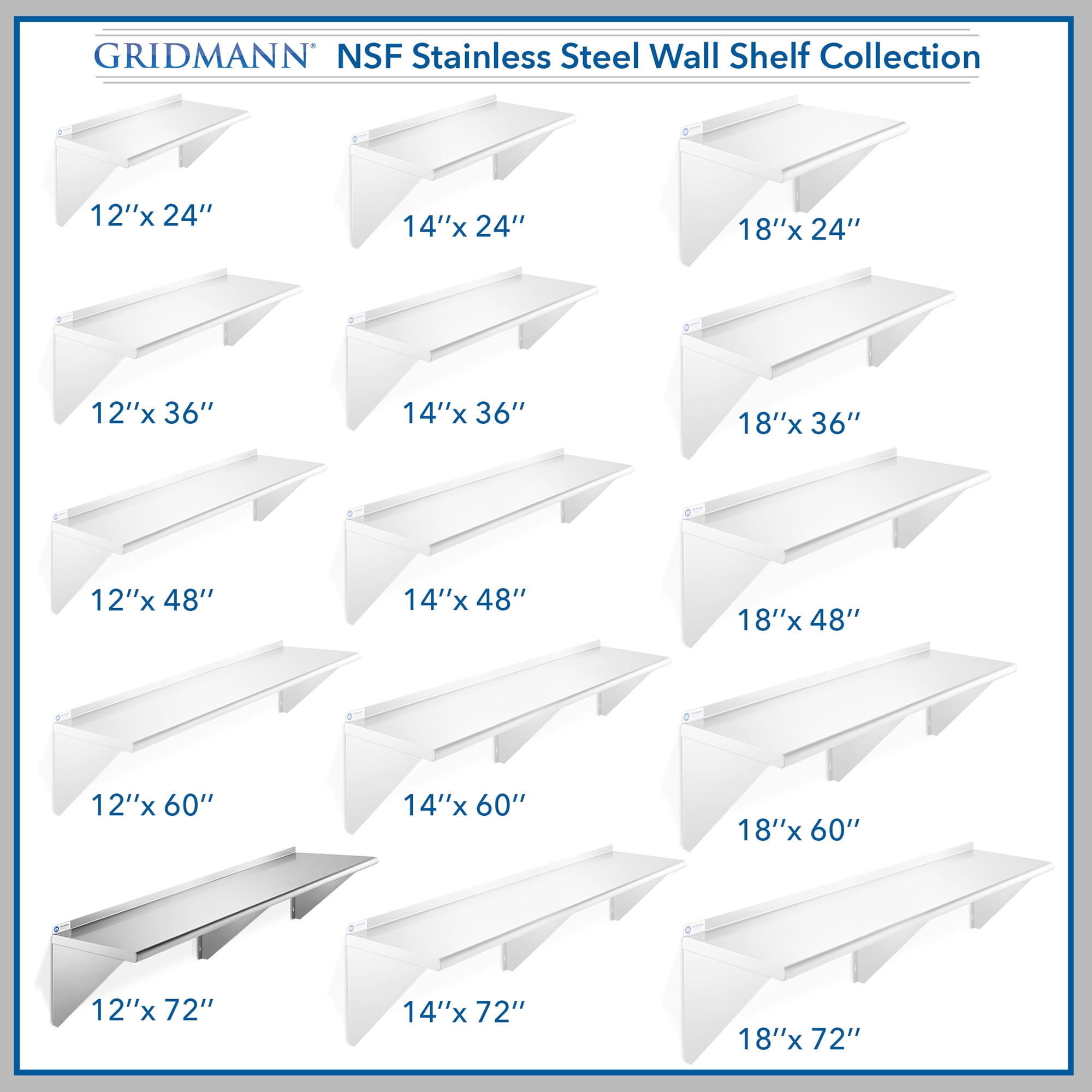 GRIDMANN 12" x 72" NSF Stainless Steel Kitchen Wall Mount Shelf w/ Backsplash