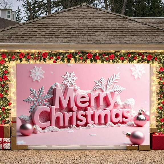 Pink Theme Christmas Banner Snowflake Decoration Merry Christmas Banner 3D Letter Pink Background Xmas Banner for Christmas Party Winter Celebration Holiday Decoration
