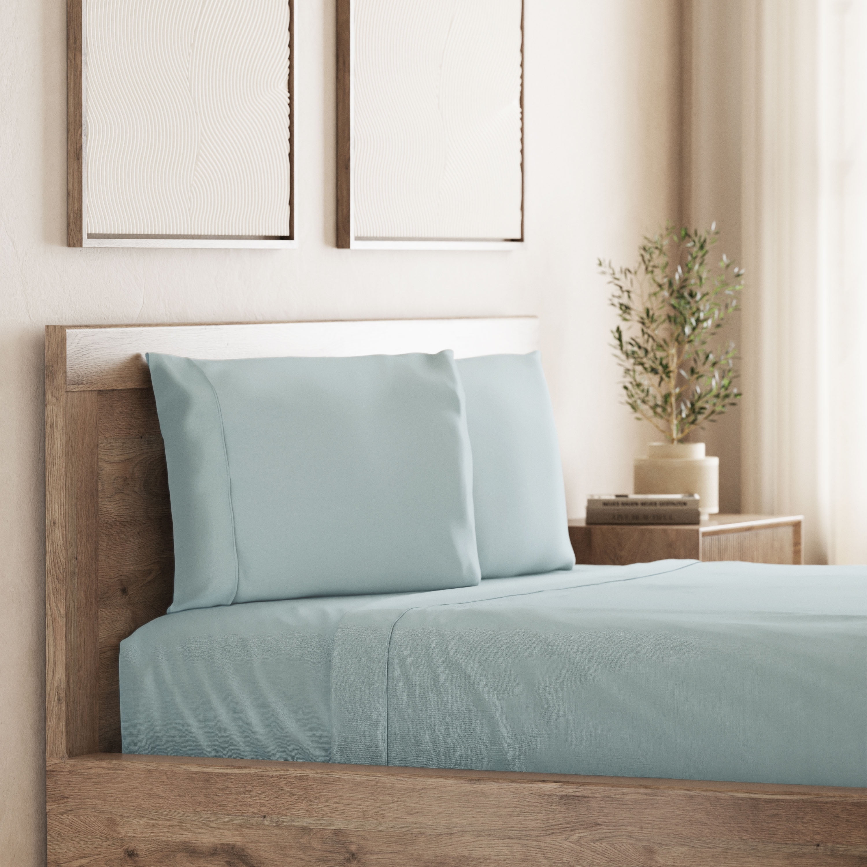 Seed & Stone Recycled Cotton Percale Bed Sheet Set, Soft, with Deep Pockets, Queen, Blue, 4-Piece