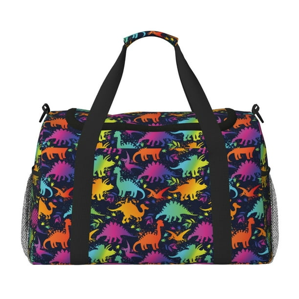Fotbe Colorful Dinosaur Bolsa de Viaje con Estampado, Bolsa de Fin de Semana para Mujer con Compartimento para Zapatos, Bolsa de Gimnasio con Bolsillo Húmedo