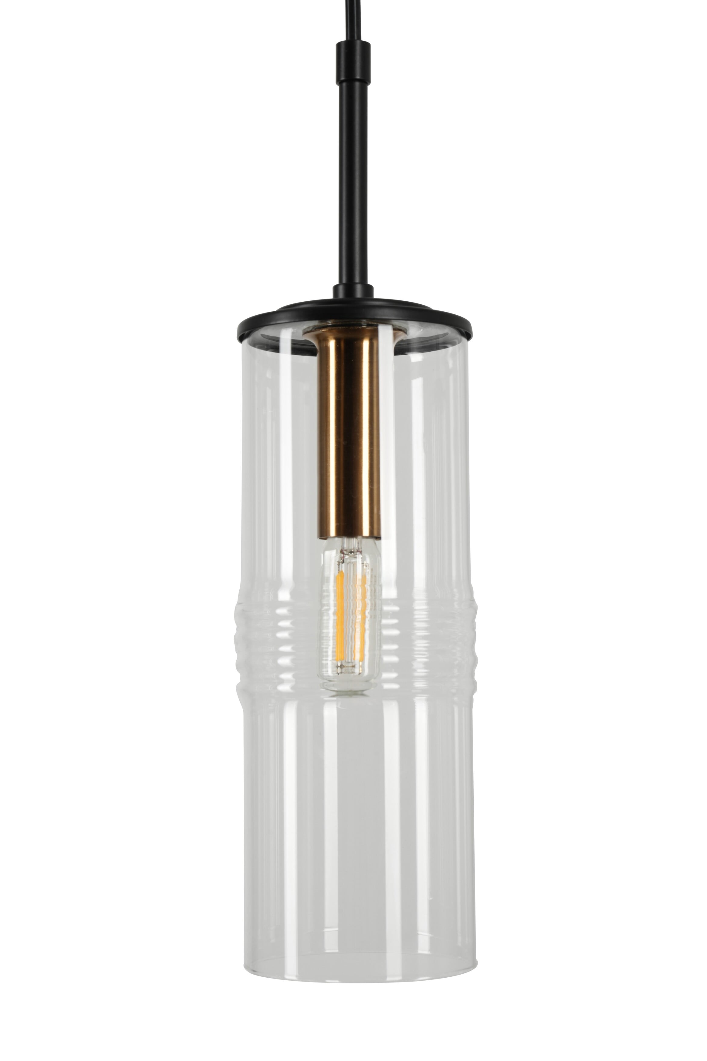 Kenroy Home Caulford 3-Light Adjustable Height Kitchen Island Light Fixture with Clear Glass Cylinder Shade for Kitchen Island, Dinning Room, Bedroom, Foyer, or Entryway, Black