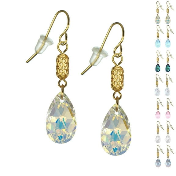 One Pair 16mm Austrian Crystal Teardrop with Gold Woven Tube Dangle Earrings – Hypoallergenic Earwires - Aurora Borealis AB