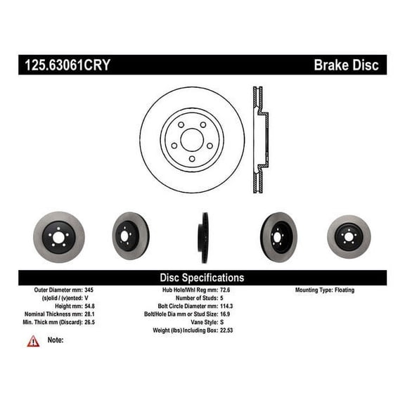 Centric Parts Disc Brake Rotor P/N:125.63061 Fits select: 2014-2015 CHRYSLER 300C, 2022 DODGE CHARGER