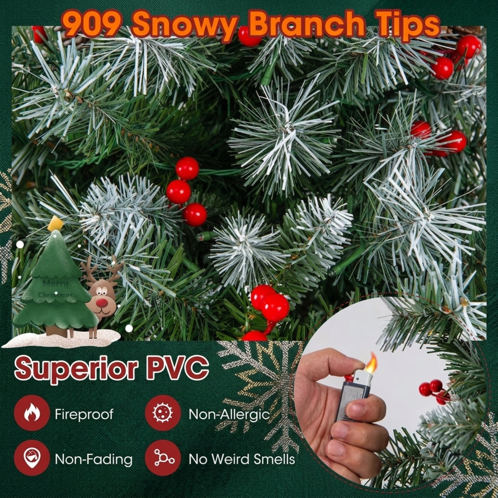 RUIE 6.5 ft Hinged Christmas Tree, Pre-Lit Green White Artificial Xmas Tree with 420 LED Lights, 909 Branch Tips and Pine Cones