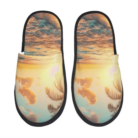 Balery Tropical Sunset Beach Scene Slient Indoor Furry Fleece Comfort House Shoes Soft Non-Slip Home Shoes Cotton slippers House Slippers-- Large