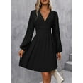 thumbnail image 3 of Women V-Neck Dot Jacquard Spring And Autumn Long-Sleeved A-Shaped Waist Puff Sleeve Dress, 3 of 5