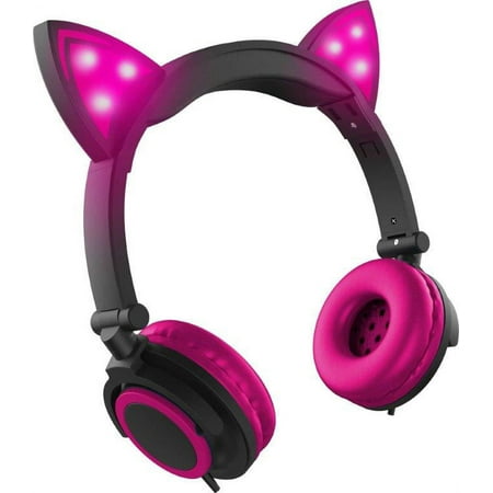 Ledeez Wired Pink LED Cat Ear Foldable Headphones with 3.5mm Jack Plug