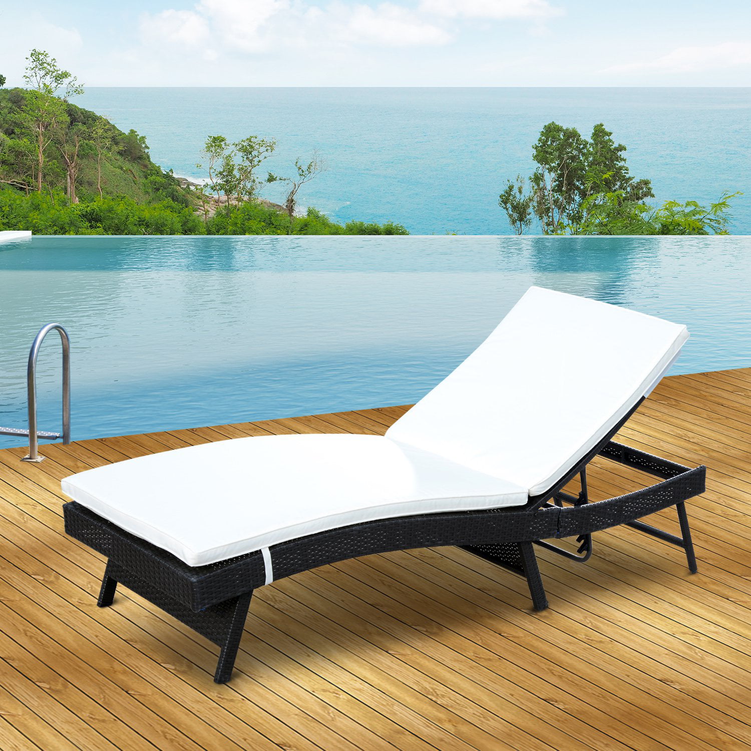 Adjustable Patio Pool Wicker Chaise Rattan Furniture w/ Cushion