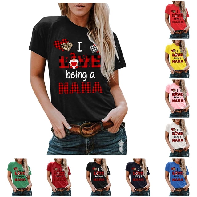 Hauts d'Été pour Femmes Grande Taille en Liquidation Grande Taille Manches Courtes Imprimé 3D Amour Col Rond Hauts Tee T-Shirt Blouse Col en V T-Shirt Femmes en Liquidation