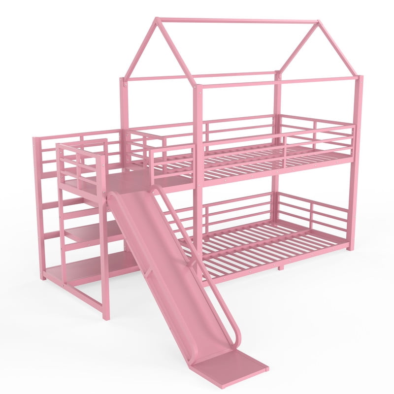 Twin-Over-Twin Metal House-Shaped Bed Frame with Multi-Functional Storage Stairs, Kids Bunk Bed with Slide