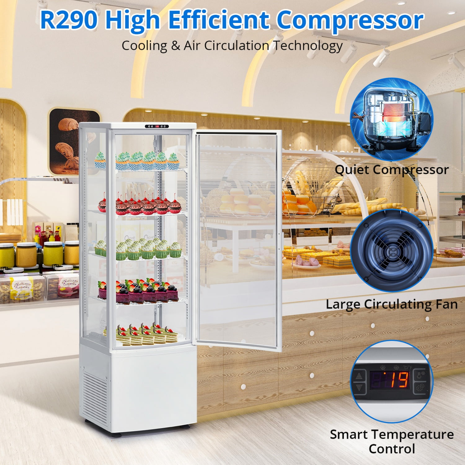 Commercial Refrigerator Display Fridge, 8.4 Cu. FT Cake Fridge Merchandiser Display Beverage Cooler for Office or Bar Double-Layered Glass, Upright Refrigerator with LED Lighting, Adjustable Shelves