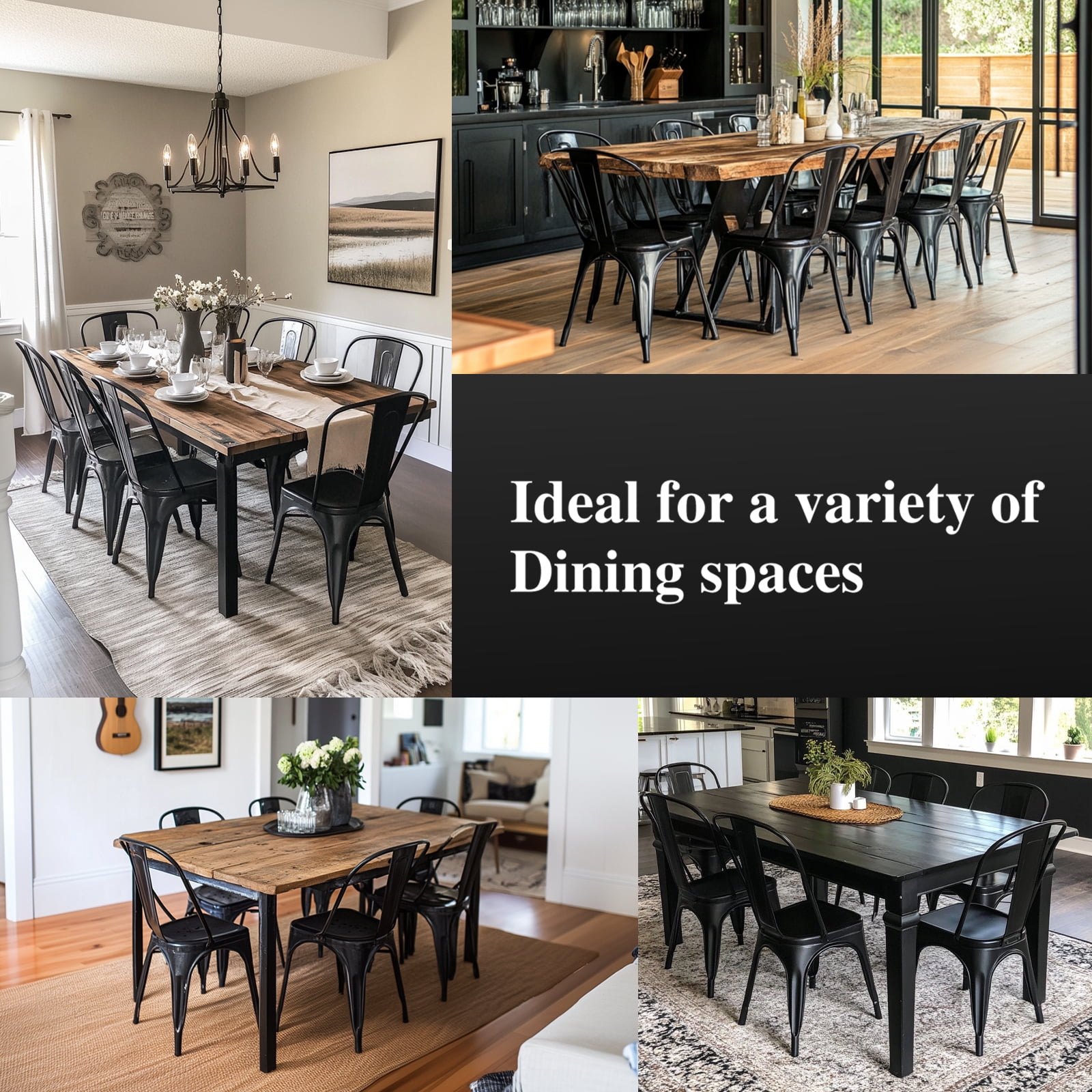 SOLEGGIATA Metal Dining Chairs Set Of 4 Stackable Tolix Style Indoor Outdoor Patio Kitchen Obsidian Black
