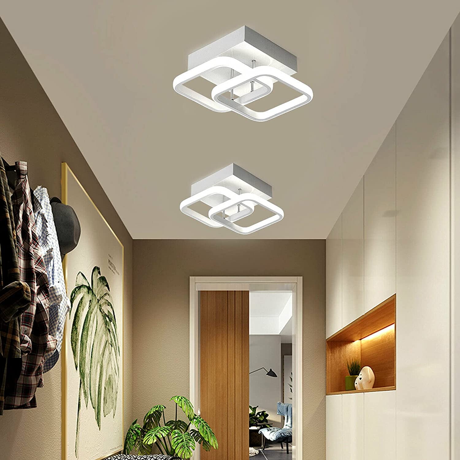 Modern Hallway LED Ceiling Light,Square Flush Mount Ceiling Lighting Fixture,Bathroom Mini 2 Head Acrylic Close to Ceiling Lamp Geometric Chandelier for Bedroom,Office,Living Room,Kitchen 22W