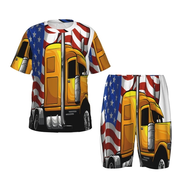 Balery American Truck Conjunto de Pijama Infantil de Manga Corta con Estampado – Ropa de Dormir de Algodón Suave-Small