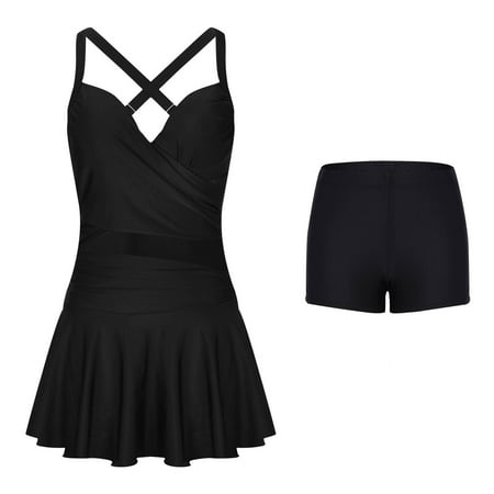 Summer Saving pimelu Bathing Suit for Women Tankini Set for Women Two Piece Swimsuits Modest Swimsuits with Boyshorts High Waist Flowy Pleated Hem Swimdress Bathing Suits Tankini