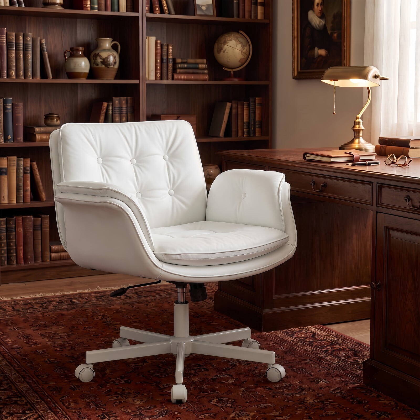 Kelno Criss Cross Office Chair with Wheels Armrests 300lbs Capacity Height Adjustable PU Leather Wide Desk Chair Swivel Vanity Chair, White