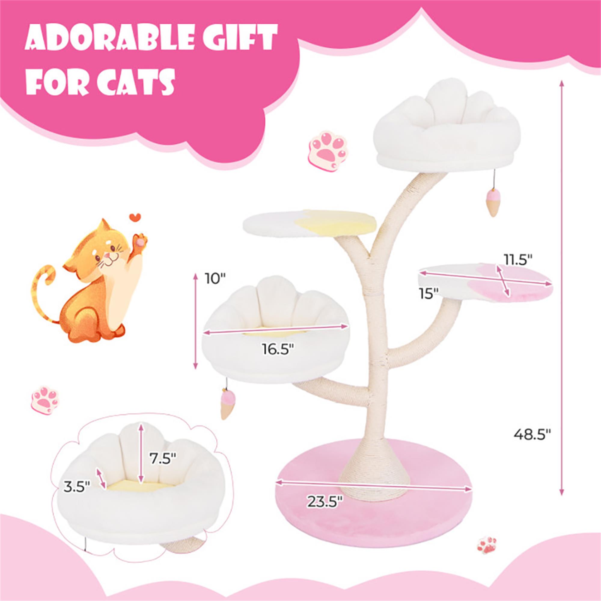 Kadyn 48" Cat Tree Tower for Indoor Cats, Cat Tree House with Large Padded Bed, 2 Cat Perches, 2 Platforms, Sisal Scratching Posts, Pink