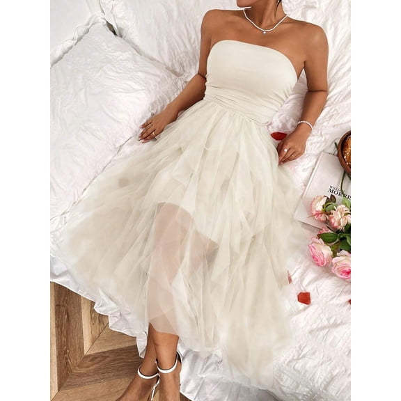 Women's Solid Color Mesh Panel Strapless Maxi Dress