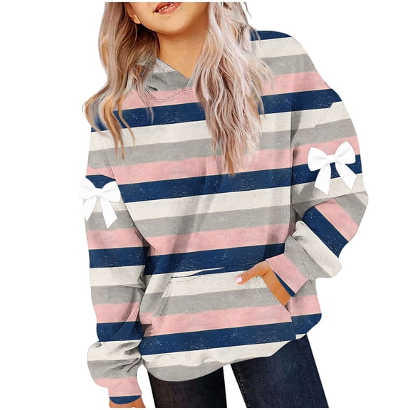 Lmnyox Girls Print Sweatshirts with Pocket Loose Striped Long Sleeve Hoodies Kids Hooded Pullover Tops