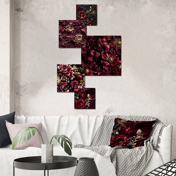 Designart "Burgundy Floral Elegance In Majesty" Abstract Wall Art Set Of 5 - Red Glam For Bedroom Wall Art Set