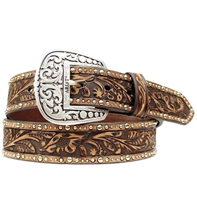 Ariat A1513802-S 1.5 in. Womens Tooled & Studded Leather Belt, Brown - Small