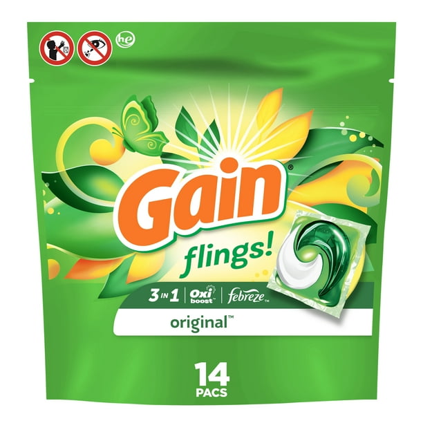 Gain flings! Laundry Detergent Soap Pacs, HE Compatible, 14 Count, Long Lasting Scent, Original