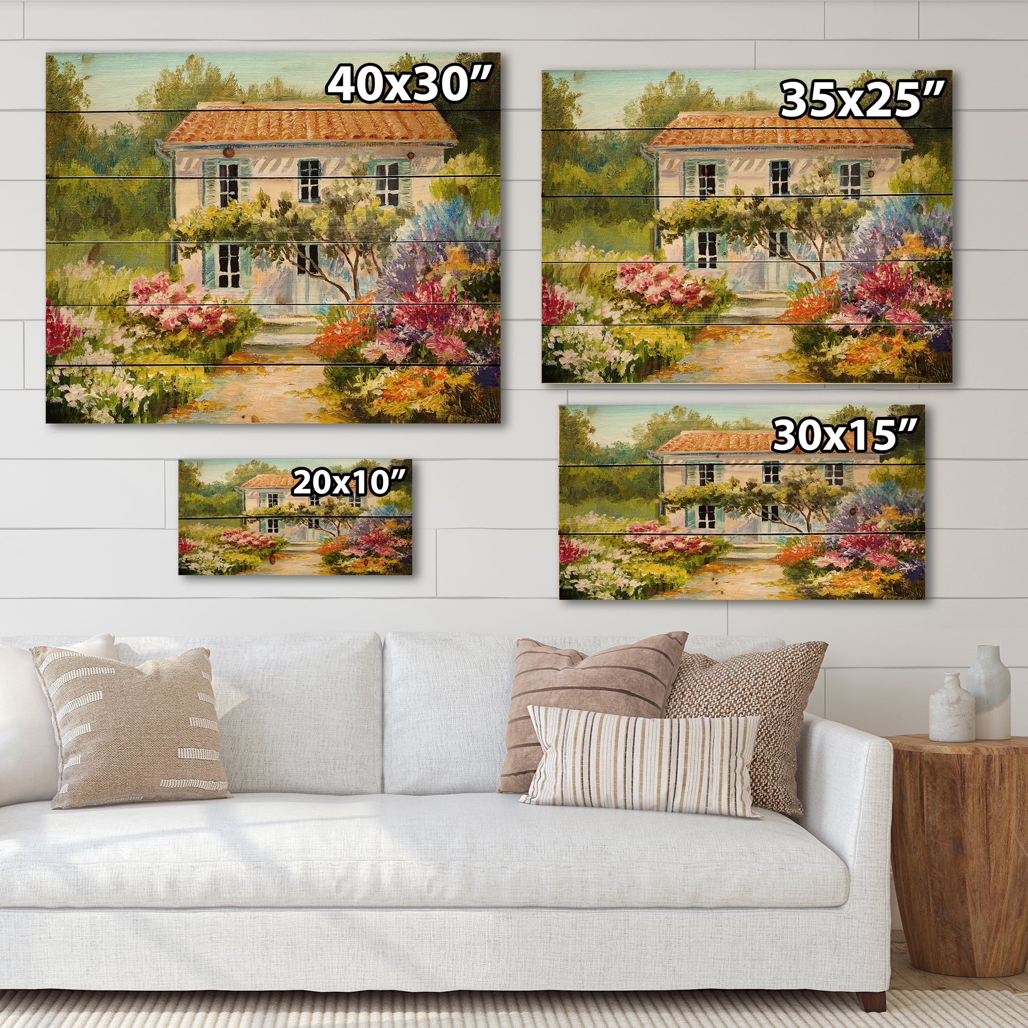 Designart 'The Mountain With Flowers With Little House II' Traditional Print on Natural Pine Wood