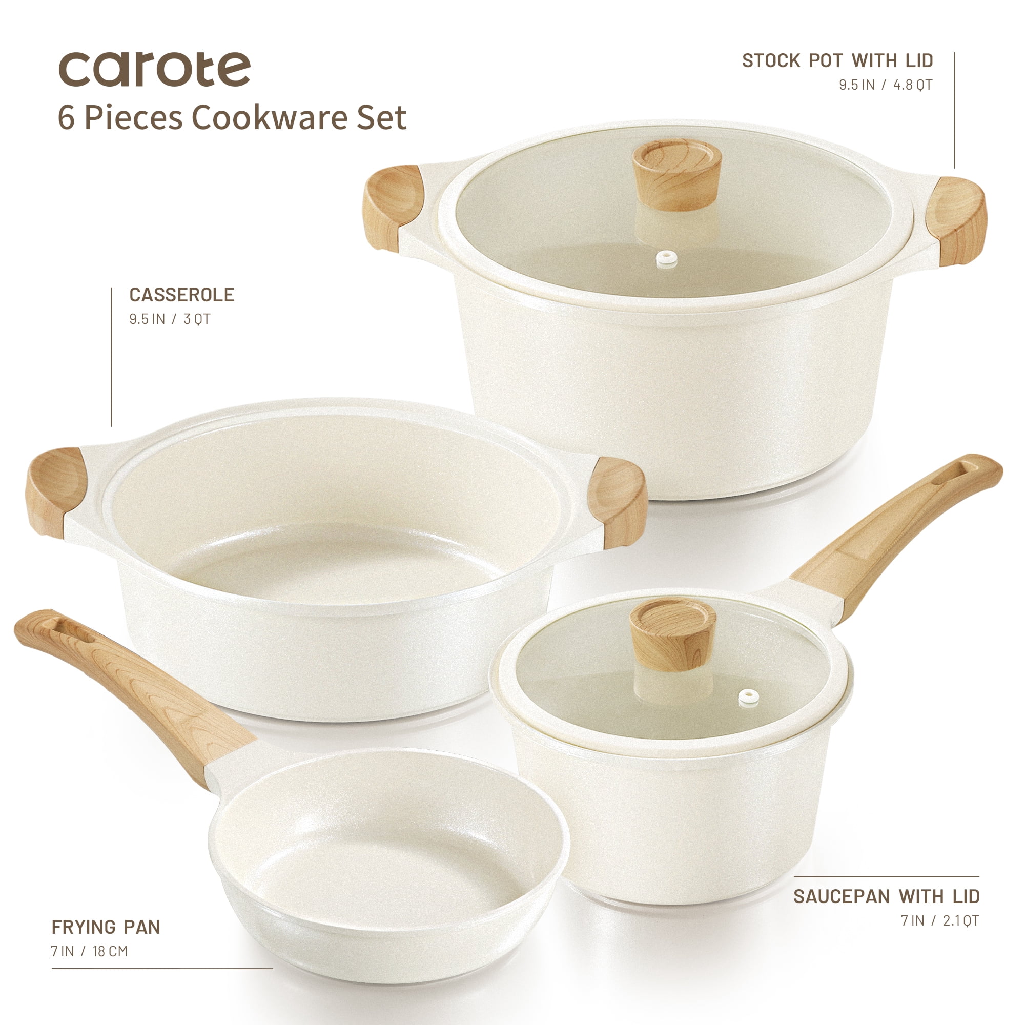 Carote 6pcs Ceramic Cookware Sets, Induction Pots and Pans, Non Stick Pots Sets, White