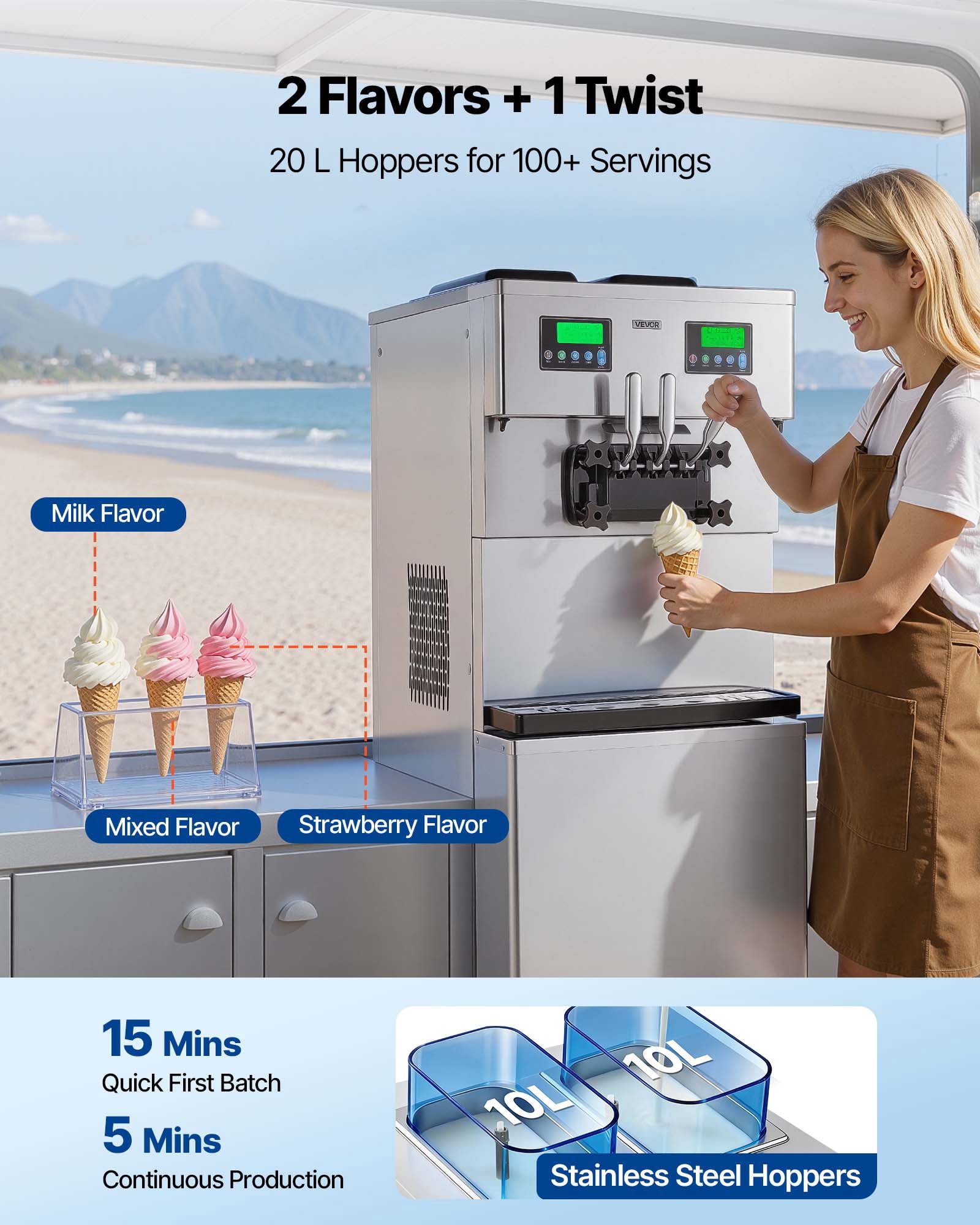 VEVOR Commercial Ice Cream Machine, 34-44L/H Yield, Dual-Compressor Freestanding Soft Serve Ice Cream Maker with 2*10L Hoppers & 3 Flavors, Pre-Cooling Puffing Low-Mix Alert for Snack Dessert Shops