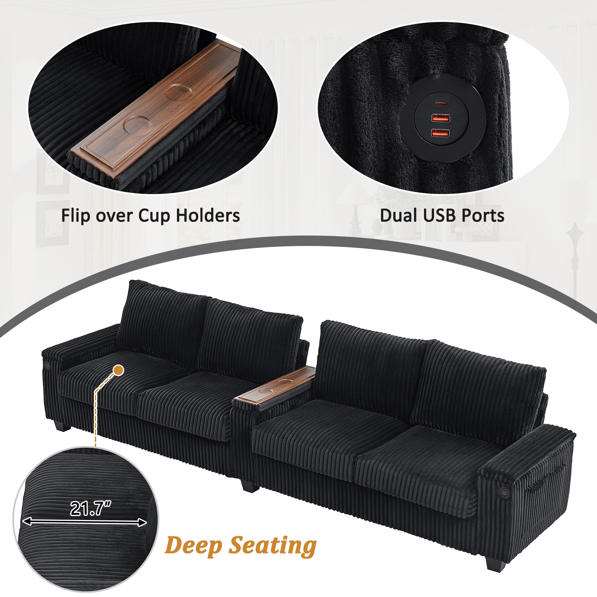 133" Modern Sofa,4-seater Corduroy Sofa Couch with USB Ports,Hidden Storage Arms, Flip-Top Cup Holders for Living Room,Black